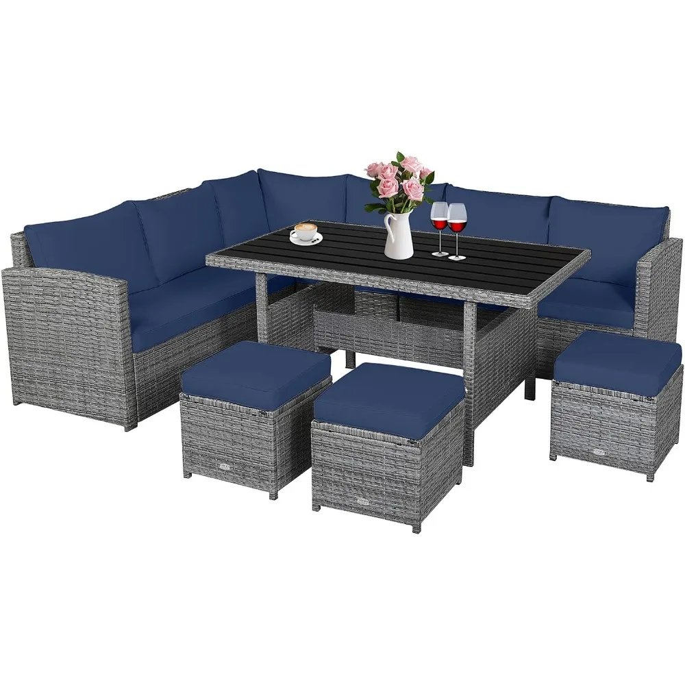 Juego de muebles de mimbre para Patio, juego de sofá de mimbre para exteriores con mesa de comedor y otomanos, cojines suaves para jardín trasero, 7 Uds.