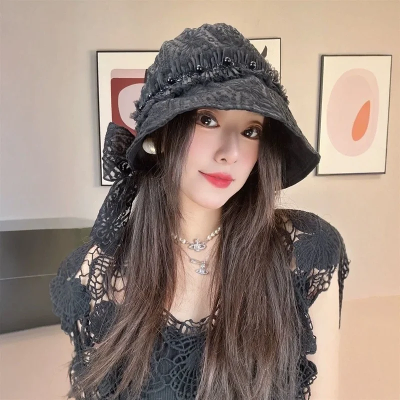 

Summer Lace Pearl Strap Fisherman Hat Breathable Versatile Sun Protection Face Enhancement