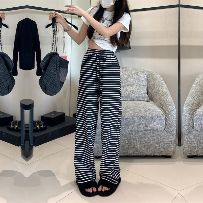

plus Size Women's Striped Straight Leg Wide Leg Pants Casual Drapey Spring Autumn Meat Conceal Thin Look Long Pants