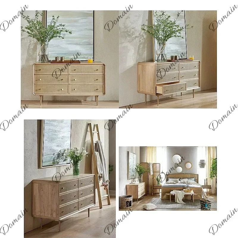 N80 Nordic Solid Wood Wicker 6 Drawer Dresser Modern Simple Storage Cabinet for Bedroom Living Room Entryway