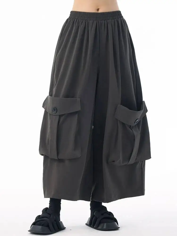 

Высокая эластичная талия, темно-серые повседневные широкие брюки с карманами, новые брюки, женские модные брюки, весна-осень