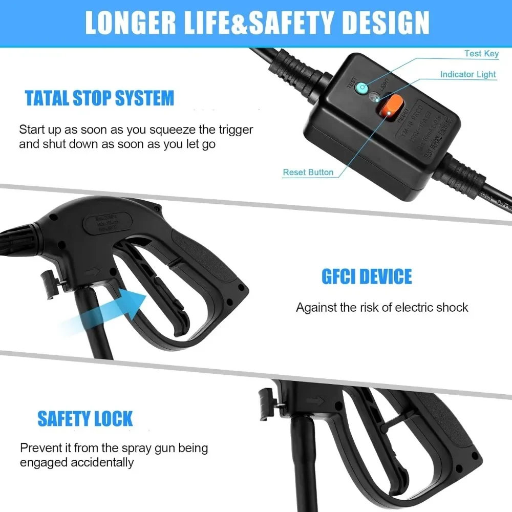 Lave-auto électrique avec rallonge de 33 pieds, tuyau à degrés d'usure, 4 buses, canon à mousse de 4200 ml, 2.8 PSI, 500 GPM, voiture, clôtures