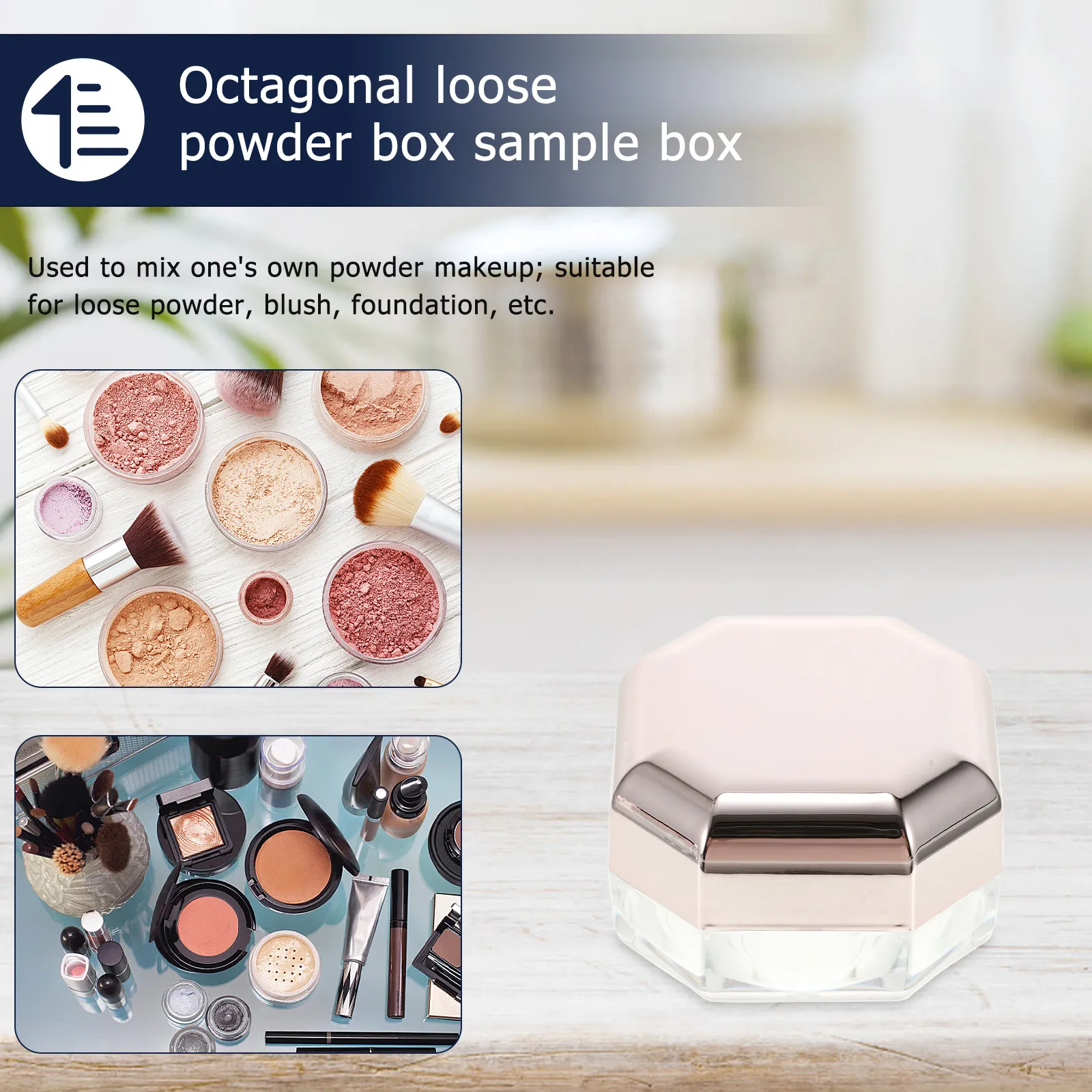 Rose Gold Octagonal Refillable Powder Box Set – 4pcs Portable Compact Makeup Storage for Travel & Loose Powder