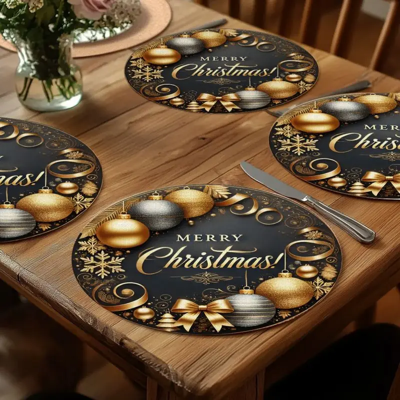 VIKAMA Noir Gilded Holiday Orb Ribbon Round Placemat Charcoal Canvas Amber Ball Frost Bow Luxury Xmas Table Mat Fun Decor Soft