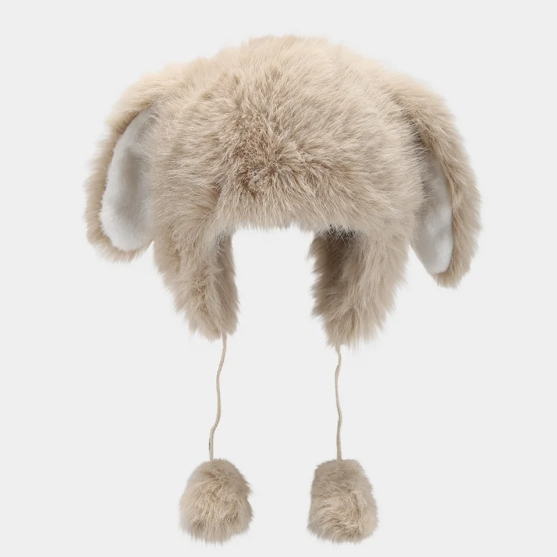 Northeast Outdoor Velvet Warm Lei Feng Hat Ins New Girls Solid Lovely Rabbit Ear Hat Women Silky Soft Anti-cold Bomber Cap