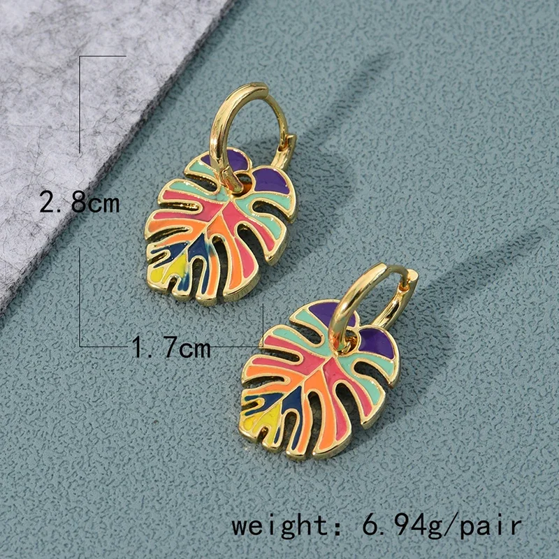 Cute Colorful Enamel Leaf Cactus Plant Shape Gold Color Hoop Earrings for Women Girls Oil Drip Boho Vintage Earings Jewelry Gift