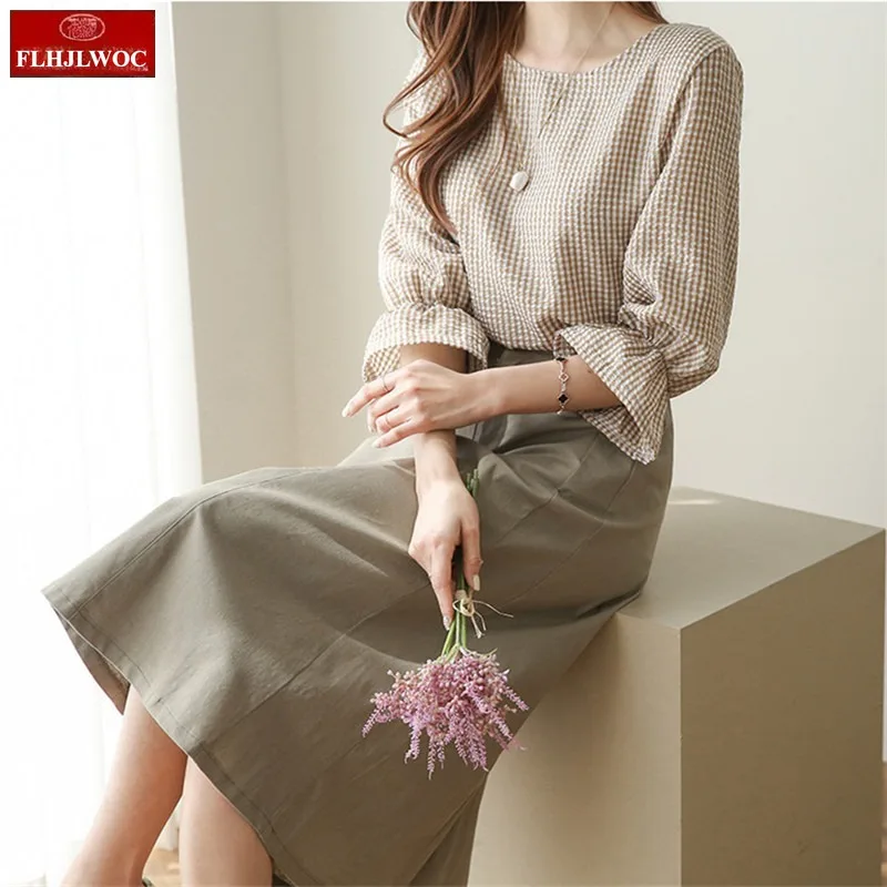 

Cotton Plaid Shirts Summer 2025 Women FLHJLWOC Design Half Sleeve Casual Office Lady Basics Retro Vintage Lattice Tops Blouses