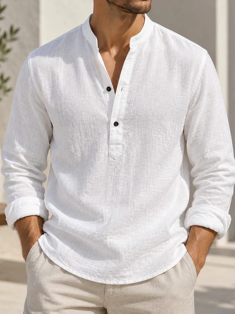 Herren Sommer Leinen Kurzarm Henley-Shirt mit Stehkragen, entspannte Passform, atmungsaktiv, leicht, lässiges Oberteil für den Alltag. – Detail 3
