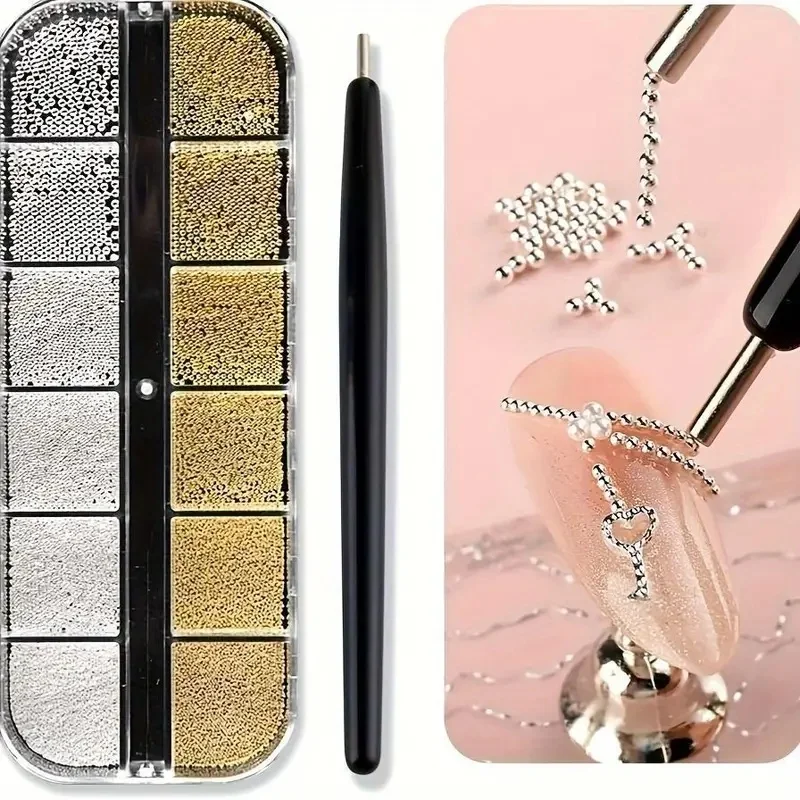 12 Grids Mini Gold/Silver Caviar Beads Nail Charms Set with Magnetic Pen 0.5~3mm Steel Ball Metal Micro Bead DIY Nail Accessorie