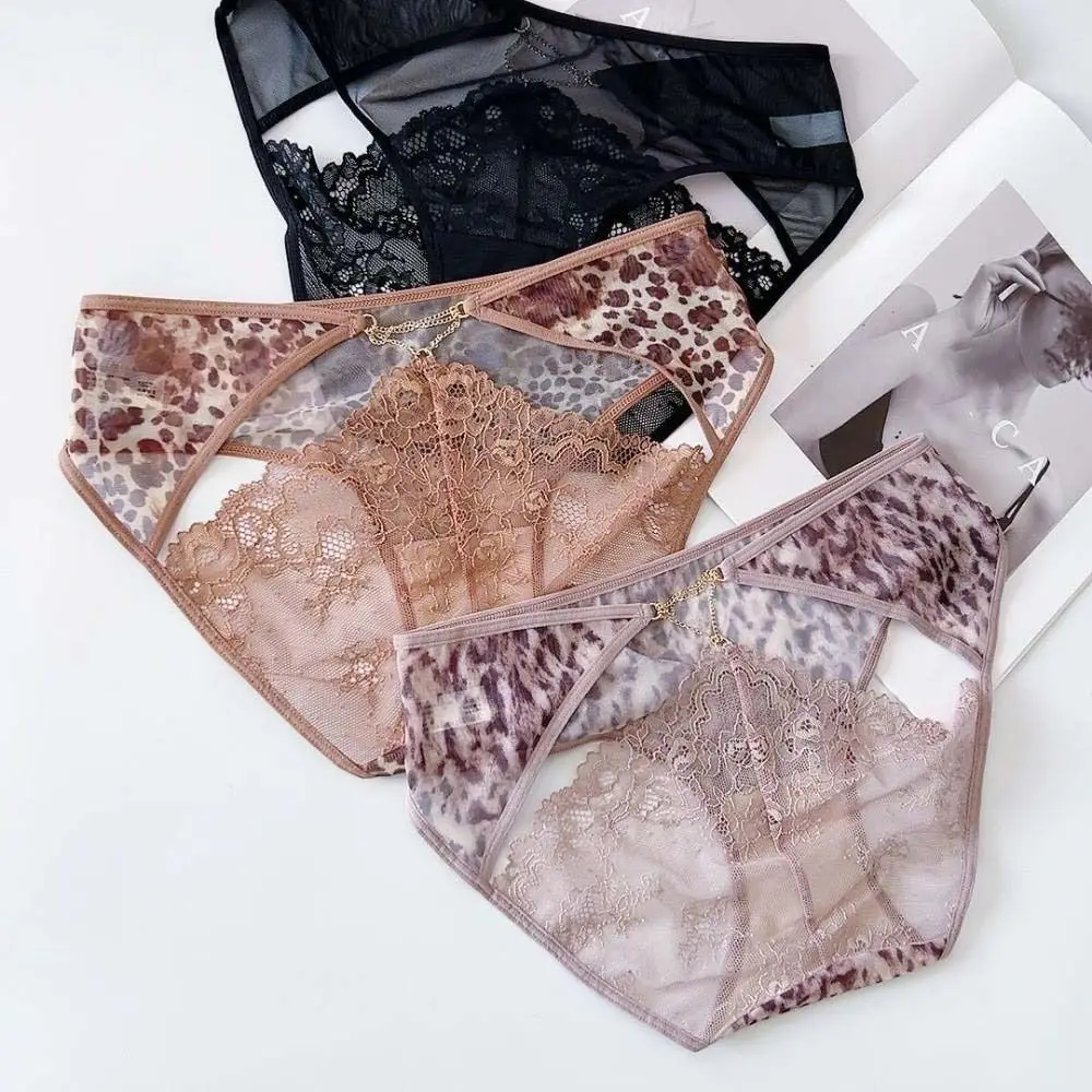 

Leopard Print Ladies Lace Panties Chain Hollow Lace Mesh Intimates Seamless Underwear Mid Waist Thin Women Briefs