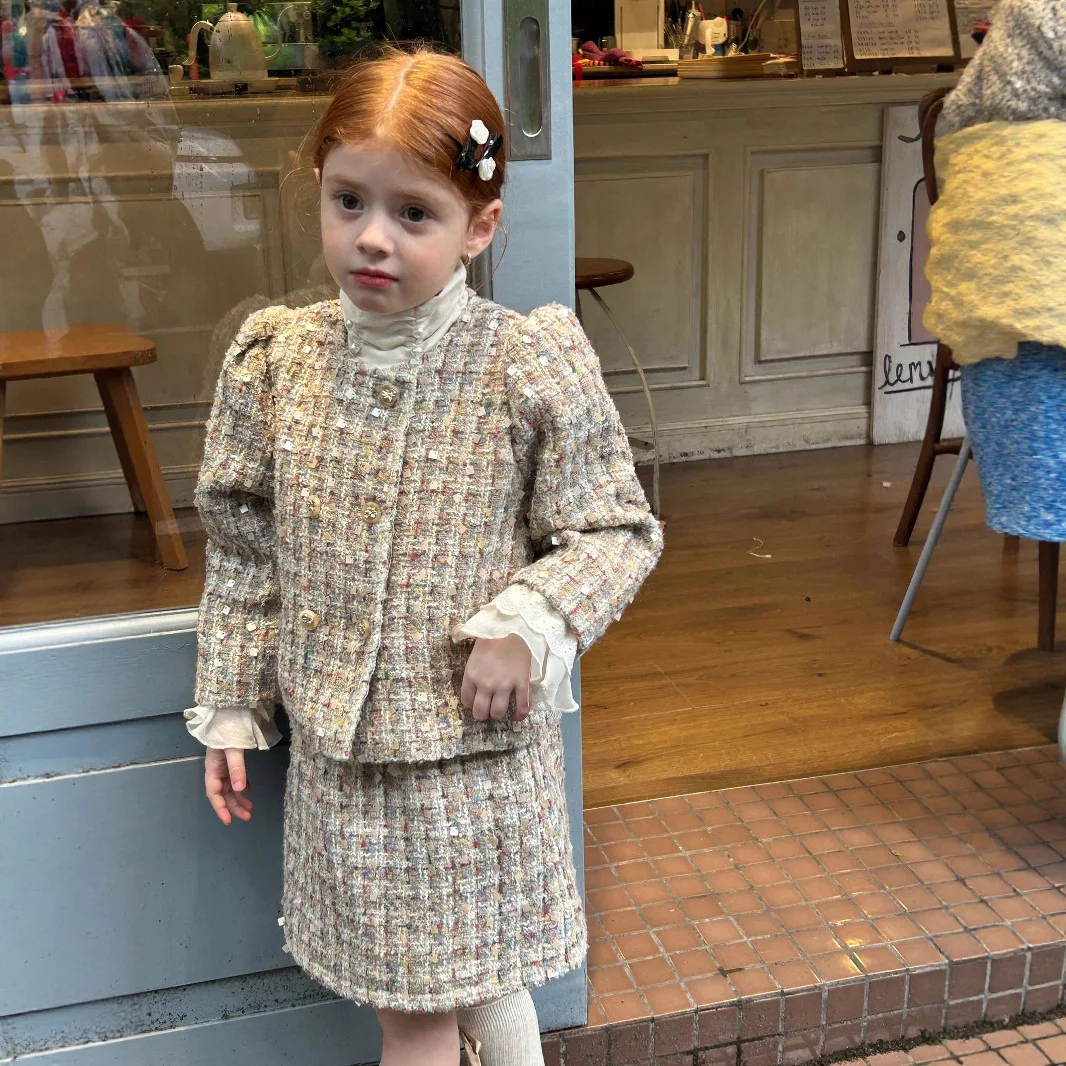 

2025 Spring and Autumn New Girls Korean Fashion Bead Small Fragrant Style Long Sleeve Coat Skirt Two Piece Set