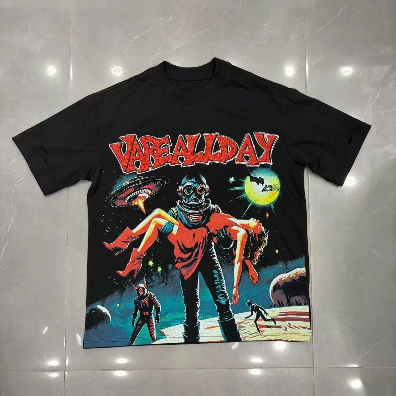 VARY ALL DAY Casual versatile diamond-studded LOGO alien battle pattern distressed washed versatile short-sleeved T-shirt
