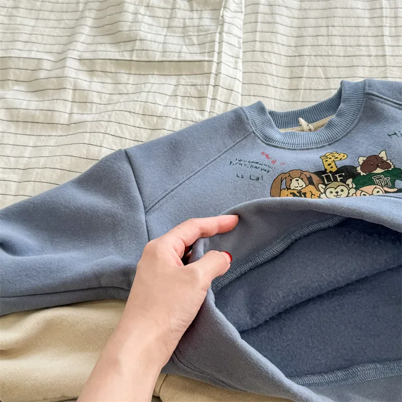 Kids Fleece Sweatshirt Winter Boys Girls Korean Style Warm Pullover Top Long Sleeve Toddler Baby Clothes Cotton Thick Unisex