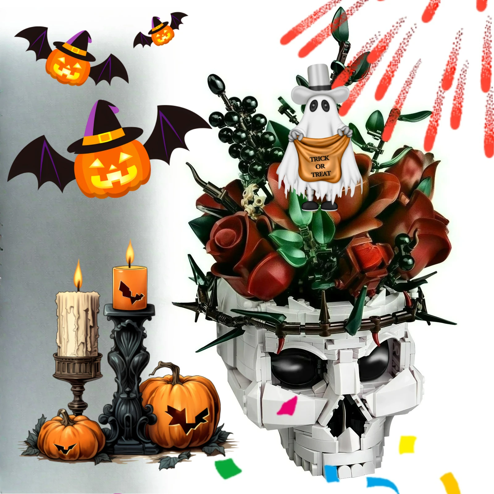 

2025 Halloween Skull Roses Bouquet Building Set Skeleton Flowers Plant Pot Blocks Horror Gothic Home Decor Bricks Toys for Gift