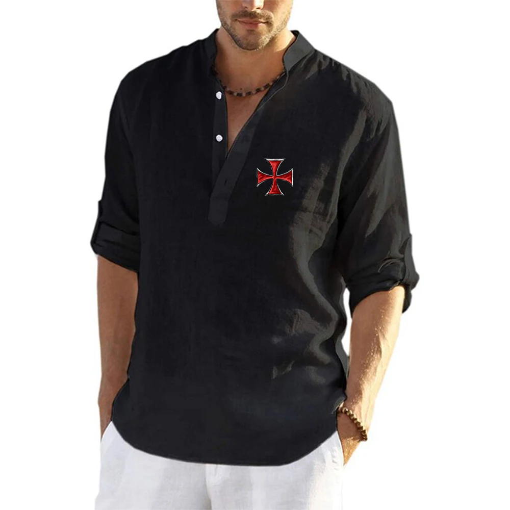 2022 New Men's Knights Templar Printing Fashion Summer High Quality Linen Long Sleeve T-Shirts Solid Color Cotton Shirts Tops