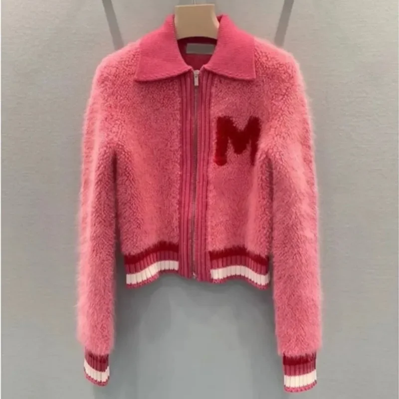 Vintage Sweater Coat Women 2024 Autumn Winter Elegant Sweet Pink Letter Jacquard Zipper Lamb Wool Knitted Cardigan Jacket Female