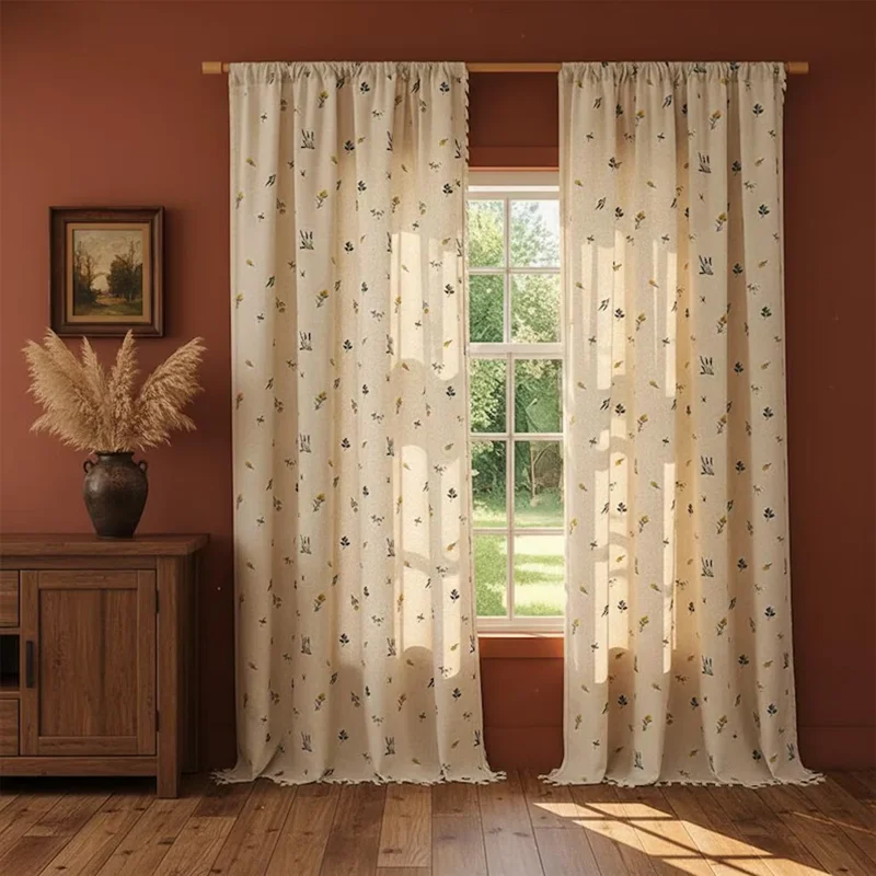 Boho Cotton Linen Curtain Daisy Embroidered Farmhouse Beige Floral Curtain Rod Pocket Light Filtering for Living Room Bedroom