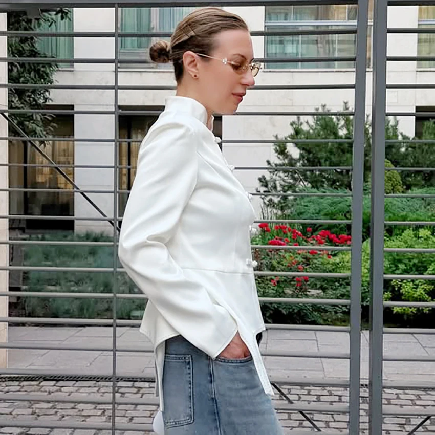 White Fashion Woven Inelastic Blouse Chinese Style Frog Button Stand Collar Long Sleeve Top Asymmetric Hem Slim Fit Shirt 2026