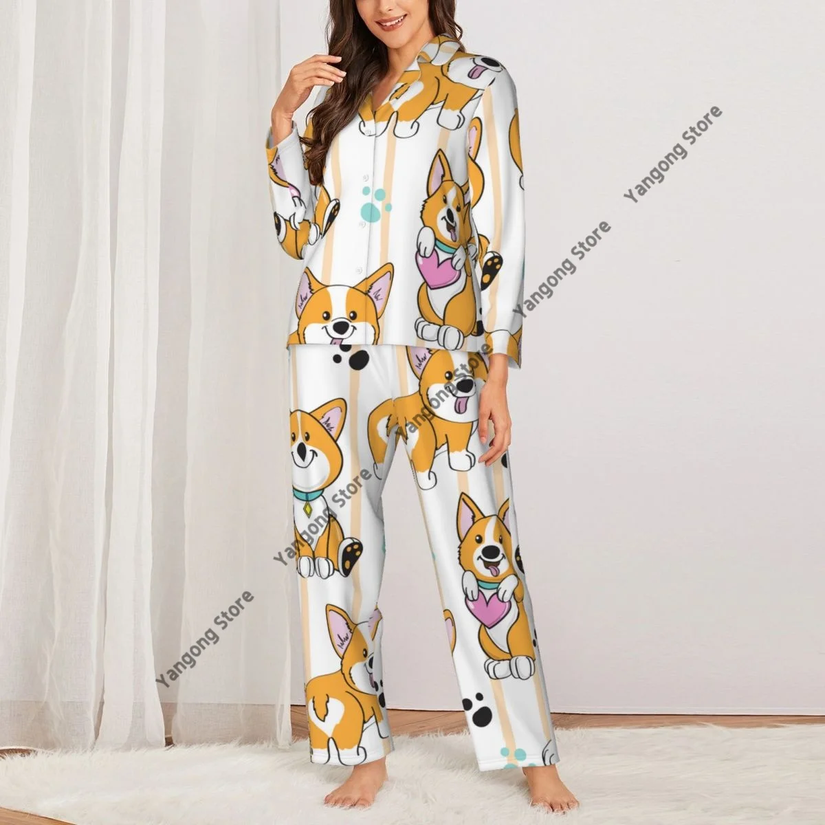 Spring and Autumn Pajama Set Women's Long Sleeve Pants Two Piece Cute Dog Corgi On A Striped Pattern Home Furnishing Set