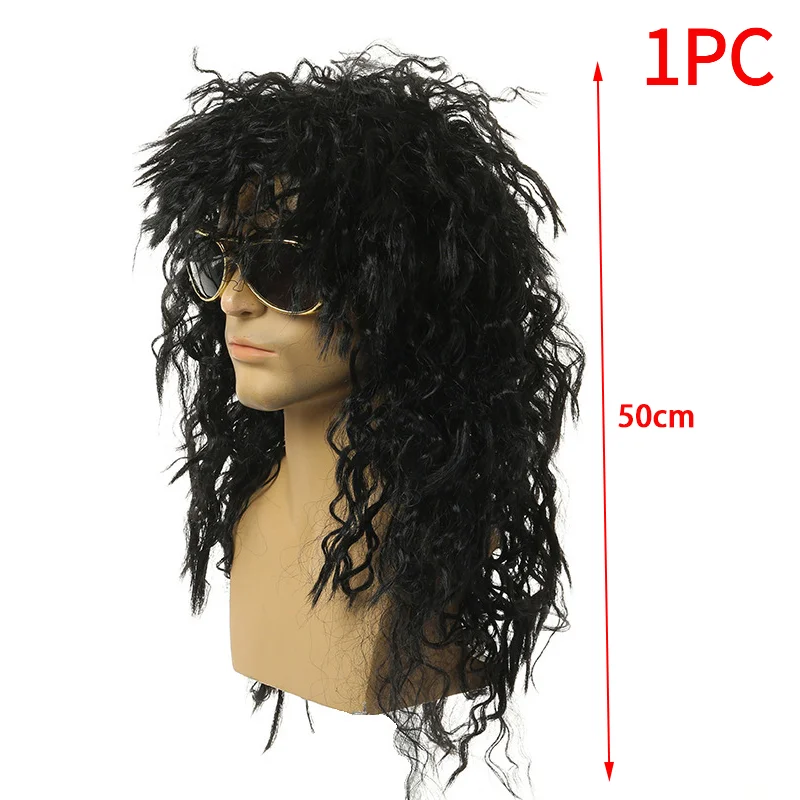 1PC Men Long Curly Wig Black Wig Male Synthetic Cosplay Wigs Puffy High Fiber Machine For Rock Party Fluffy Nightclub Bar Wig.