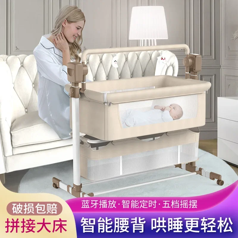 Multi Functional Electric Crib for Newborn Infants and Young Children with Foldable and Adjustable Bed Height