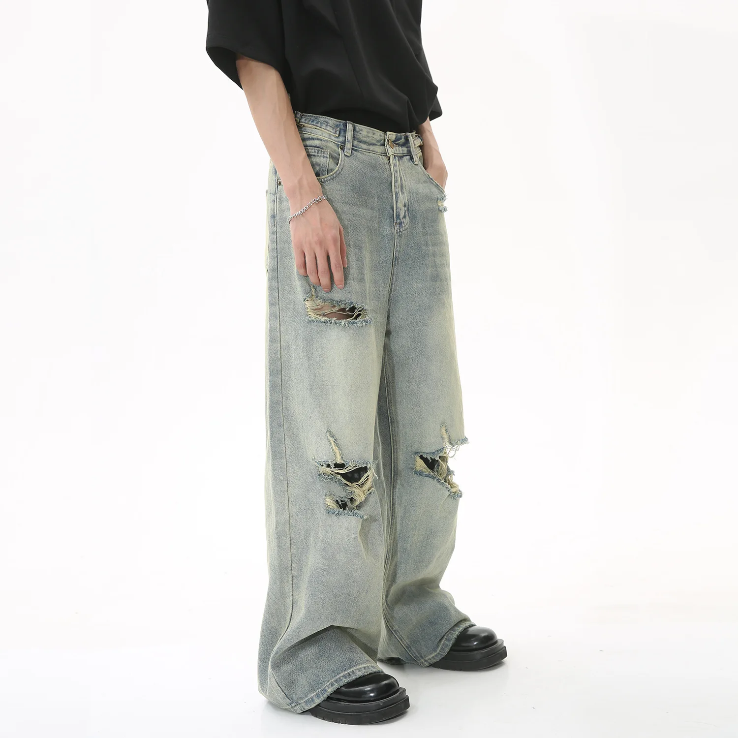 MTLCLOTHES 2023 New Summer Loose Fit Hip-Hop American High-Street Jeans with Floor-Length and Distressed Holes for Men