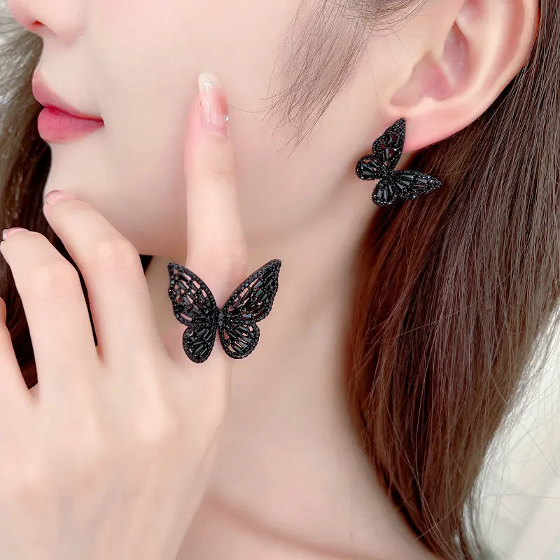 

New Trendy Niche Designer Style Super Fairy Temperament Open Index Finger Butterfly Ring Earrings Jewelry Set
