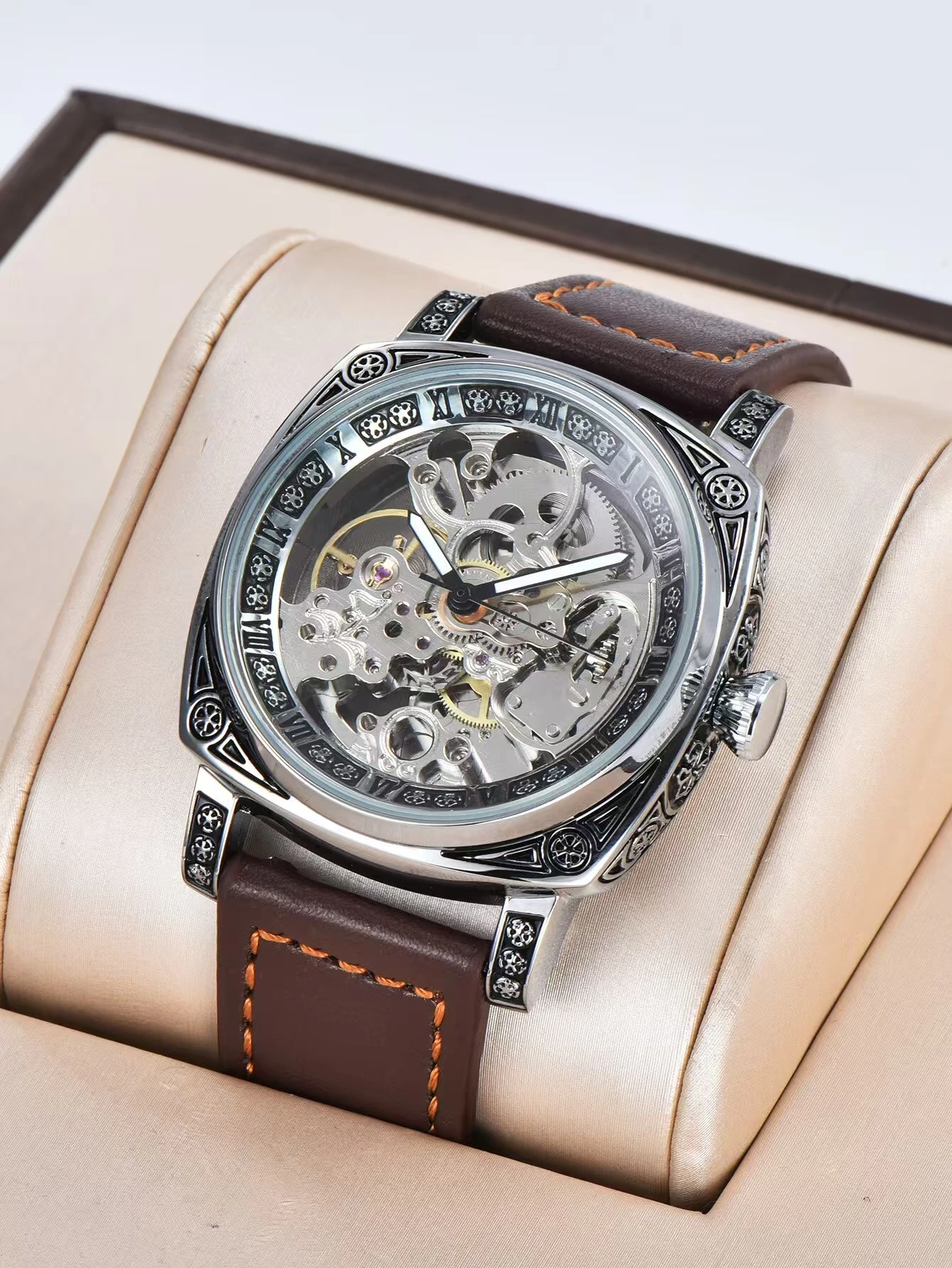 Men Automatic Watch Retro Style Mechanical Watches Skeleton Carve Waterproof Leather No Logo Mens Watch Boyfriend's Gift
