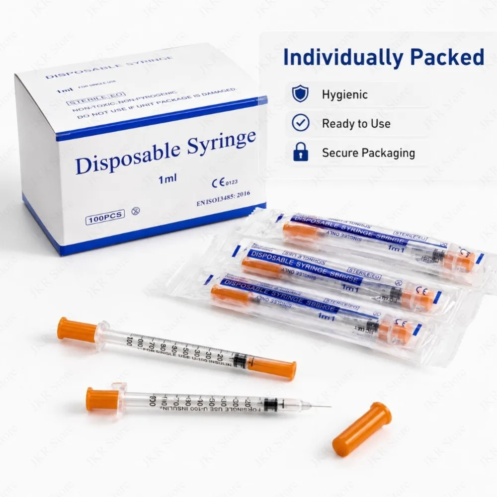 Seringa Veterinária para Animais de Fazenda 0.5ML/1ML, Seringa de Insulina Plástica Estéril Descartável com Tampa Laranja e Agulha, Ferramenta para Alimentação