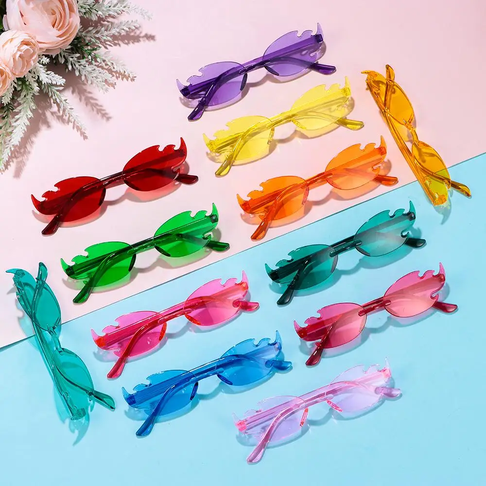 Colorful Fire Flame Sunglasses Trendy Rimless Y2K Eyewear Party Cosplay Glasses for Women & Men