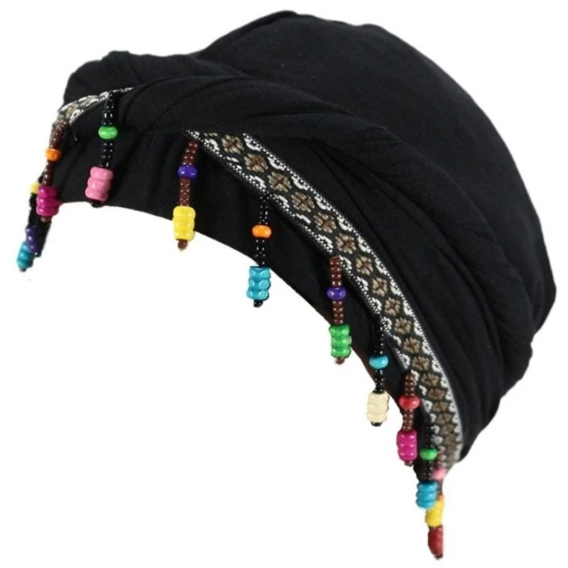 400A Vintage Twisted Tail Braid Hat Adult Beaded Trimmed Skull Hat Outdoor Sport Headscarf Turban Hat Women Casual Headwear