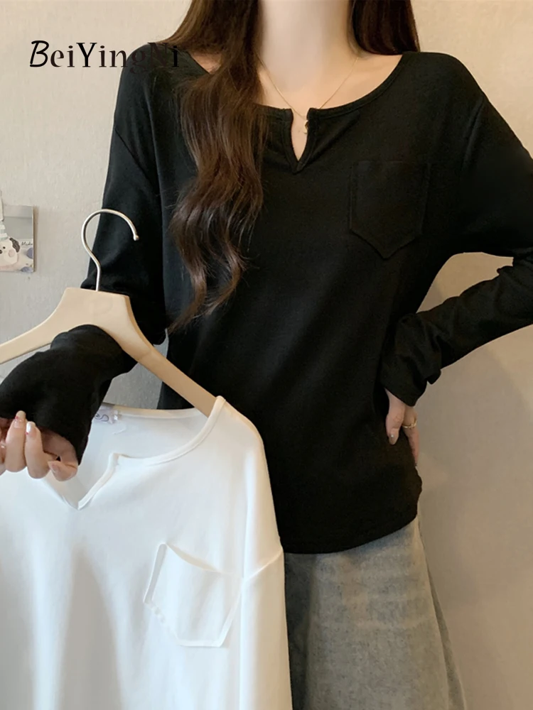 Beiyingni Plus Velvet Long Sleeve T-shirt Female White Black Plain Casual Autumn Winter Tops Women Chic Korean O-neck Teeshirts