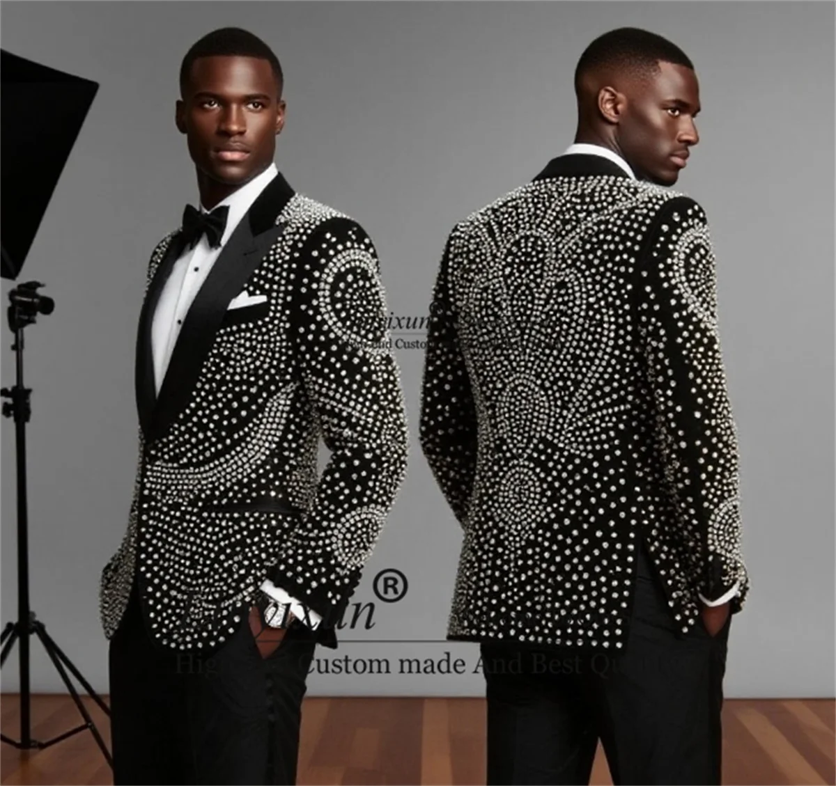

Sparkly Beaded Crystals Men Suit Customized Wedding Groom Tuxedos 2 Piece Sets trajes para hombre Shawl Lapel Male Prom Blazer