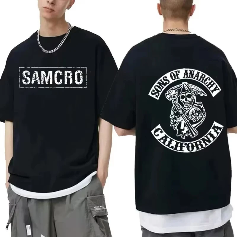Camiseta Estampada Sons of Anarchy SAMCRO para Homens e Mulheres, Tendência Hip Hop Rock, Camiseta Oversized de Manga Curta, Roupas de Verão em Algodão