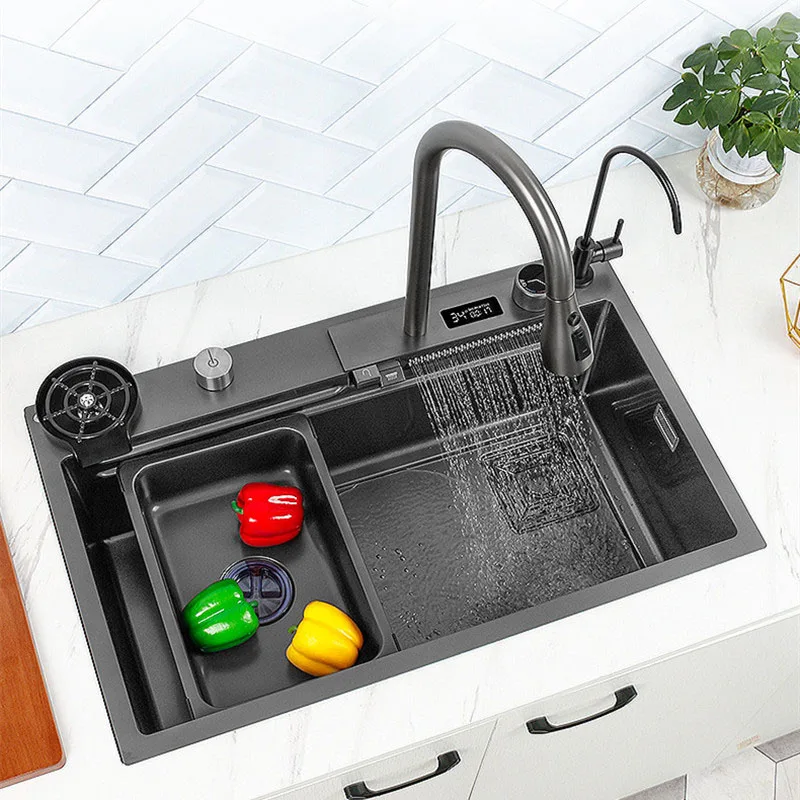 

Luxury Nanometer Stainless Steel Kitchen Sink Multifunctional Digital Display Waterfall Faucet Sink Novel Kitchen Accessories