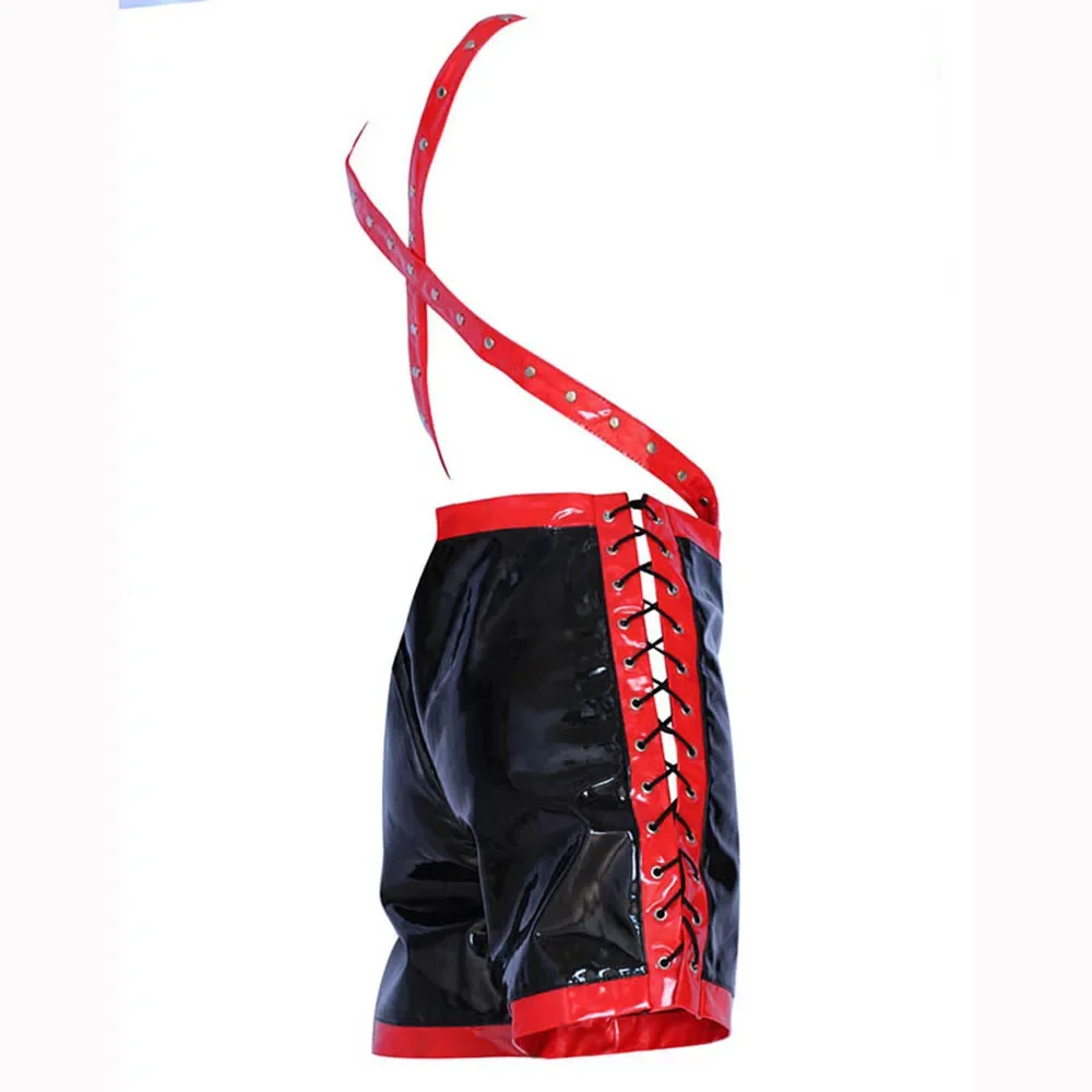 Mens Black and Red PVC Harness Shorts Set with Wrist Cuffs Sexy Faux Leather Bondage Costume Clubwear Party Outfit