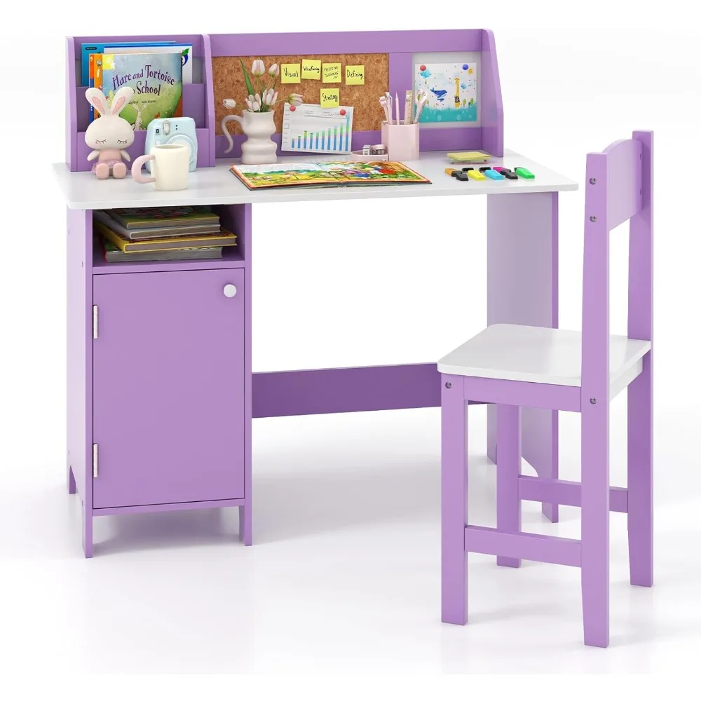 

Kids Desk and Chair Set, Wooden Children Study Table with Storage, Hutch, Cork Bulletin Board, Whiteboard & Marker, Student Com