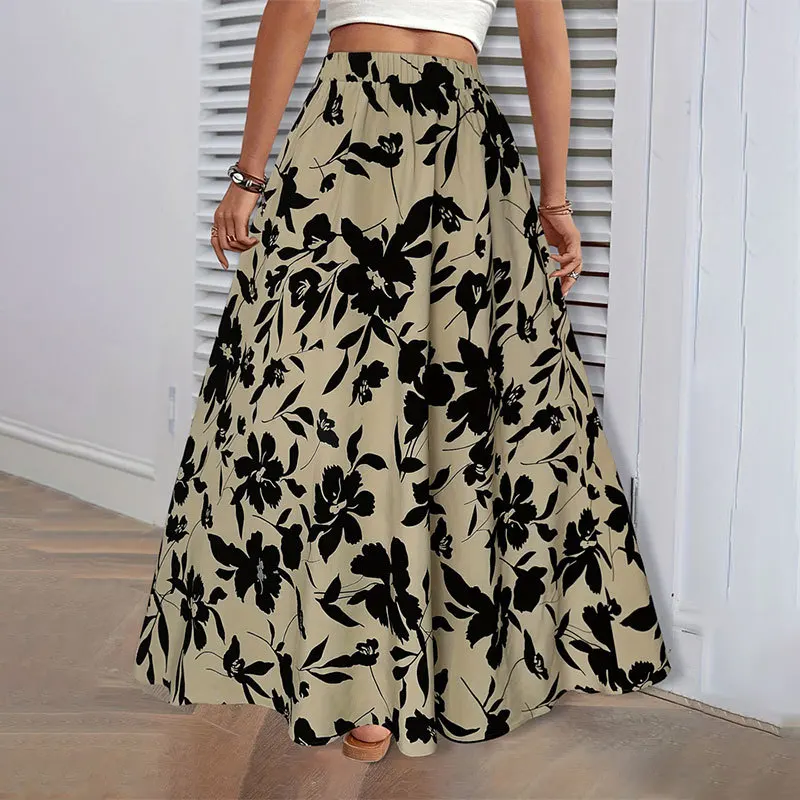 Elastic Waist Flowers Printed Long Women's A-line Skirt Summer High-end Temperament Commuting Elegant ladies Skirt