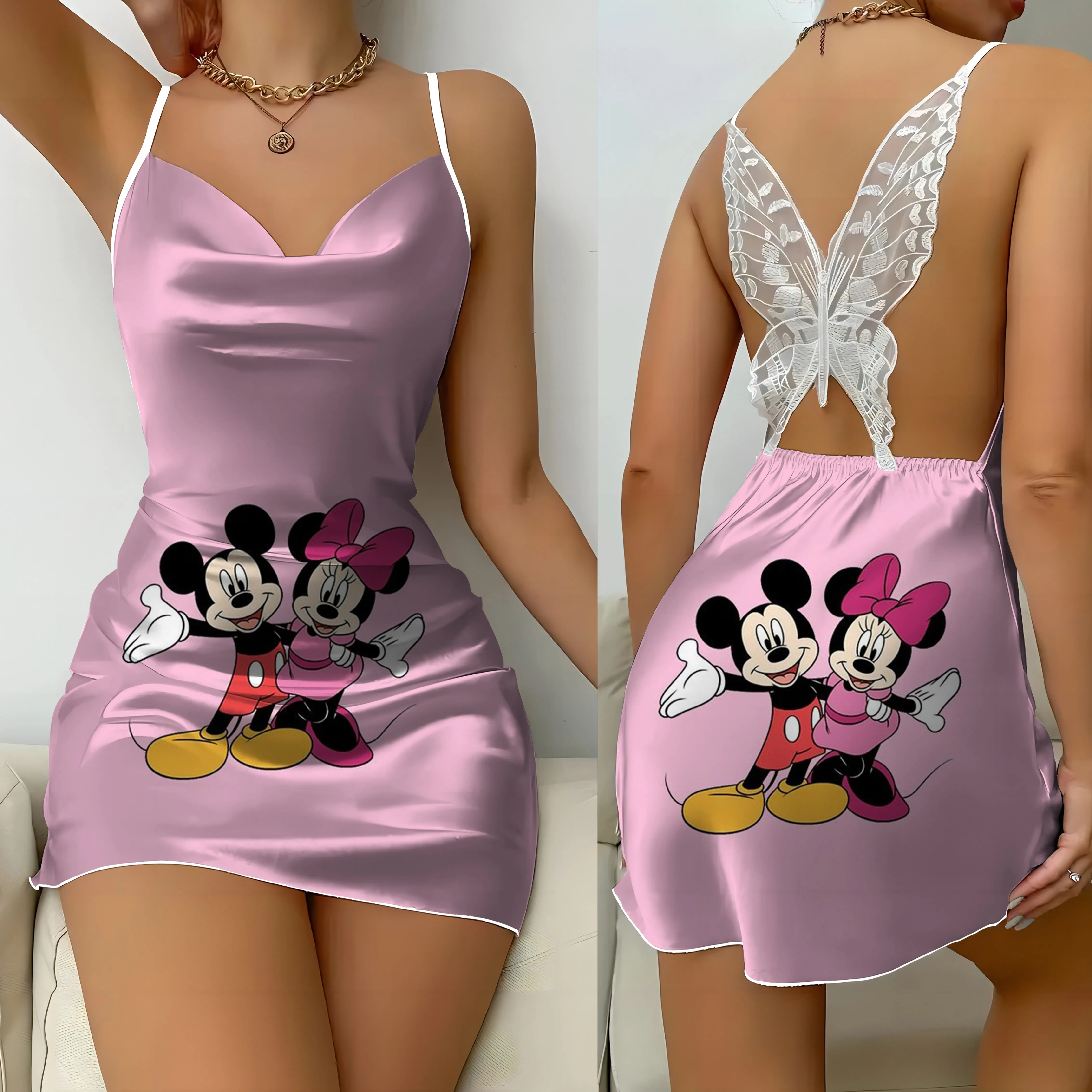 Saia de pijama de nó Minnie Mouse feminino, sem encosto, Superfície Cetim, Mickey, Disney, Mini, Sexy, Festa, Moda feminina, Vestidos de verão, 2022