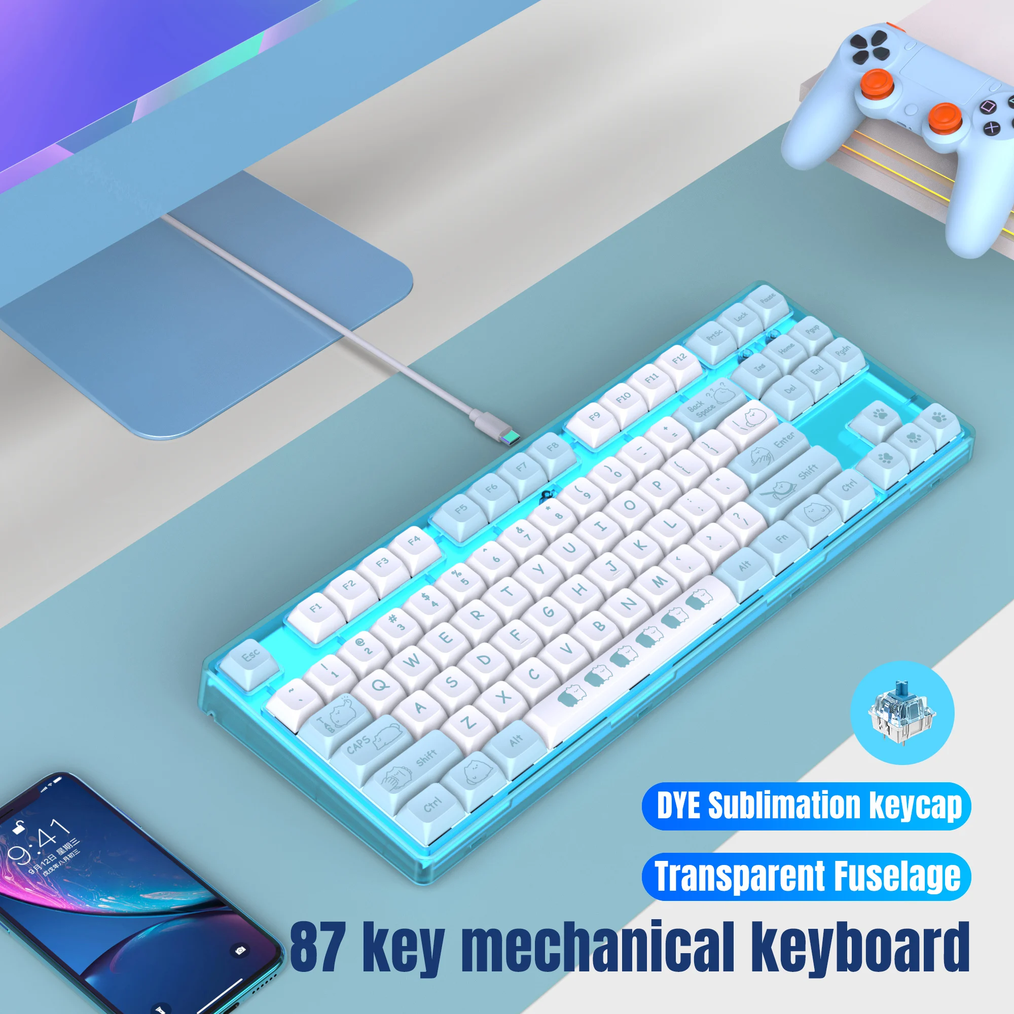 87 Keys Wired Mechanical Keyboard Cute Kawaii Cartoon Sublimation PBT Keycap Backlight Game Keyboard for Laptops Desktop