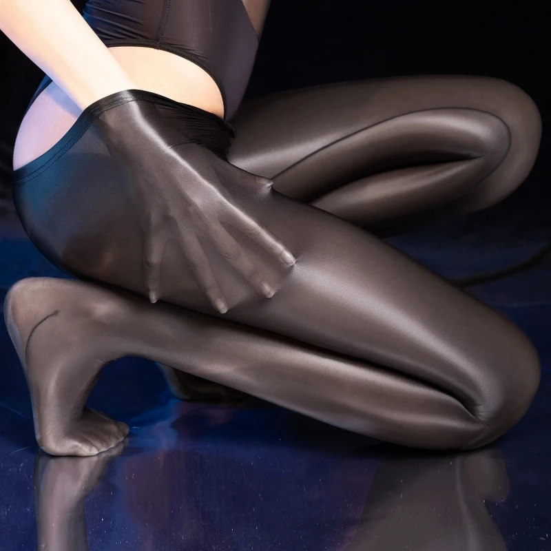 Plus Size Glossy Pantyhose 8D Oil Shiny Transparent Stockings Women Sexy Open Crotch Skinny Leg Tights Hot Pole Dance Clubwear