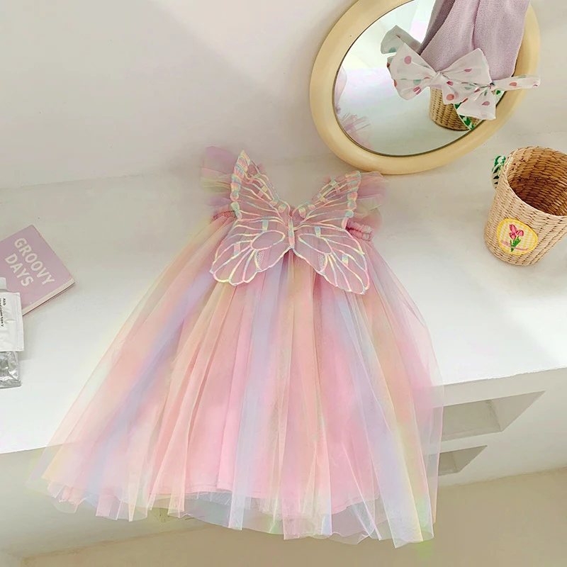 Baby Girls Gradient Rainbow Tulle Sling Dress 3D Butterfly Mesh Vestido Vintage Children Wedding Birthday Party Princess Dresses