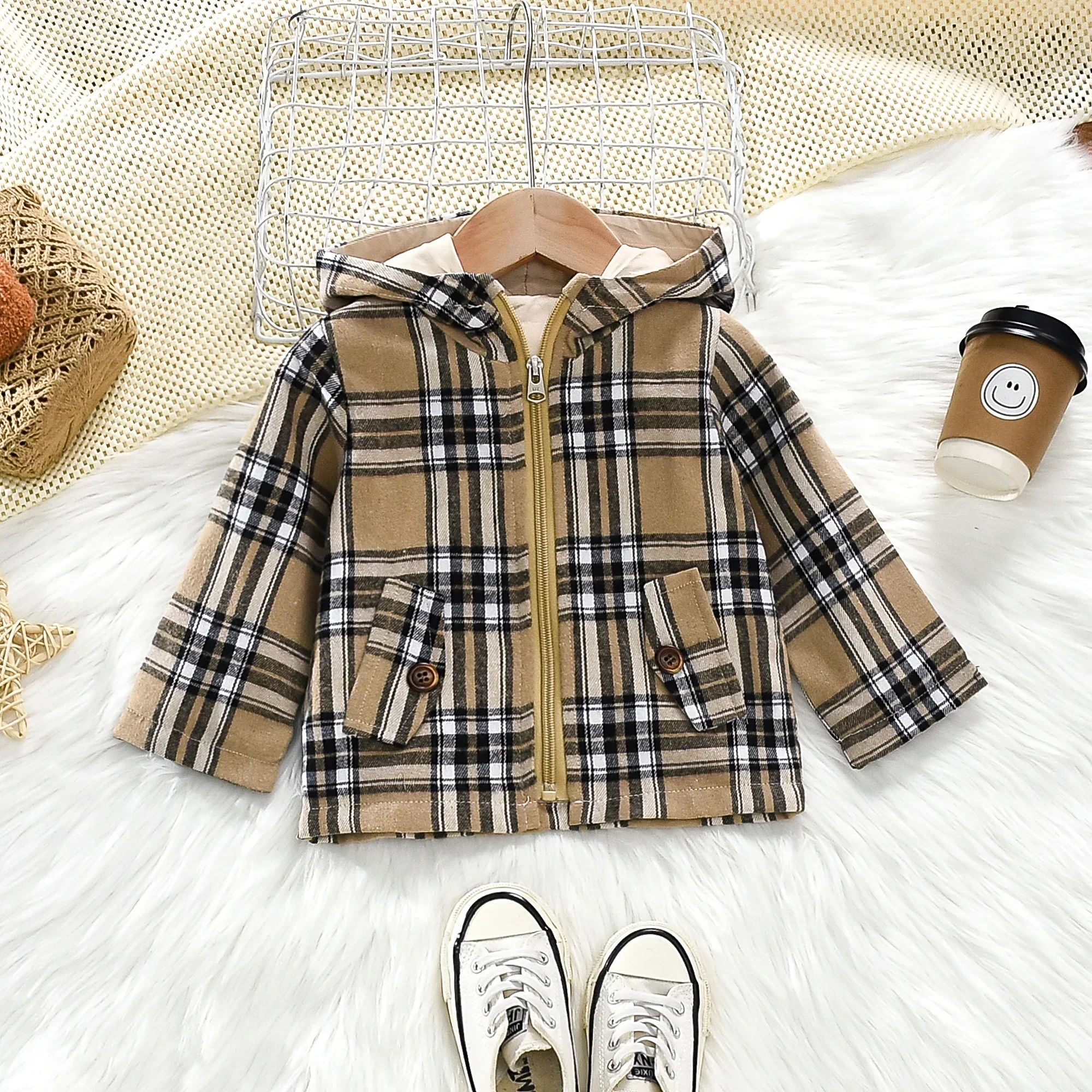 Baby Autumn Coat Fashion Plaid Hooded Long Sleeved Woolen Children\'S Clothing Suitable for 0-3 Years Old