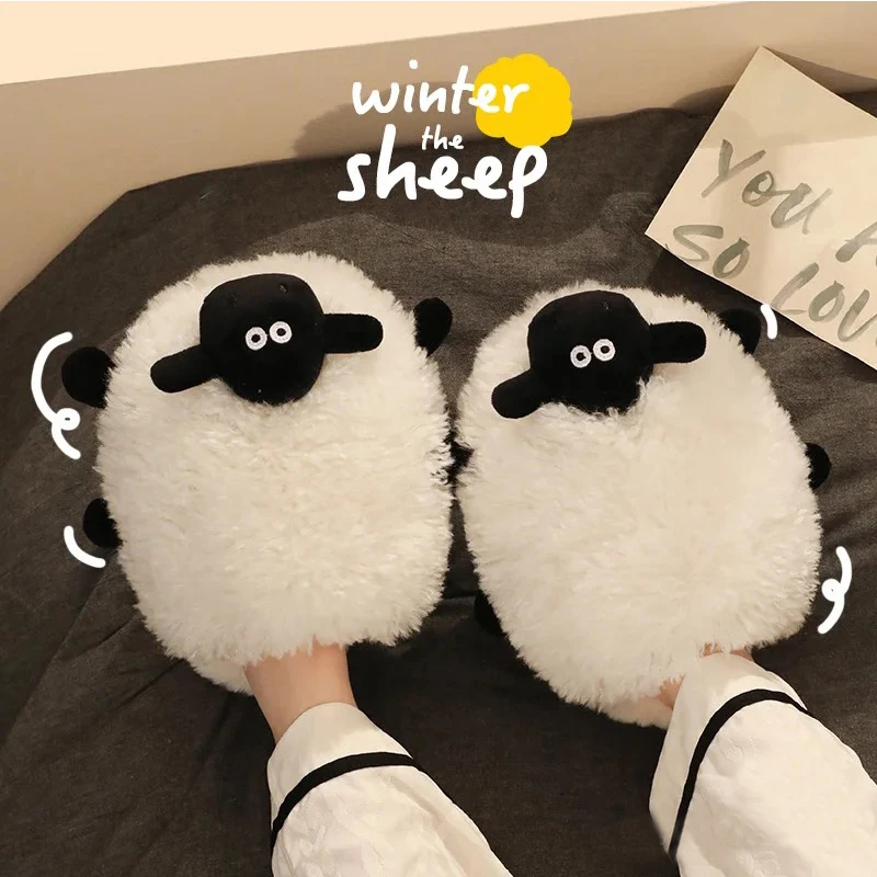 Cartoon lamb sheep slippers cute Shawn fluffy comfortable soft slippers cute warm indoor shoes for couples.