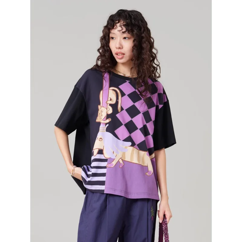 

MOVEUP Short Sleeved Round Neck T-Shirt 2026 Summer New Pure Cotton Checkerboard Stripe Pattern Animal Print Tee Women 3ELX10516