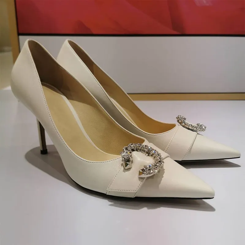 

Туфли для свадьбы с кристаллами, весенне-осенние свадебные туфли, с пряжкой из страз, заостренный носок, тонкий каблук, высокий каблук, женские туфли-лодочки