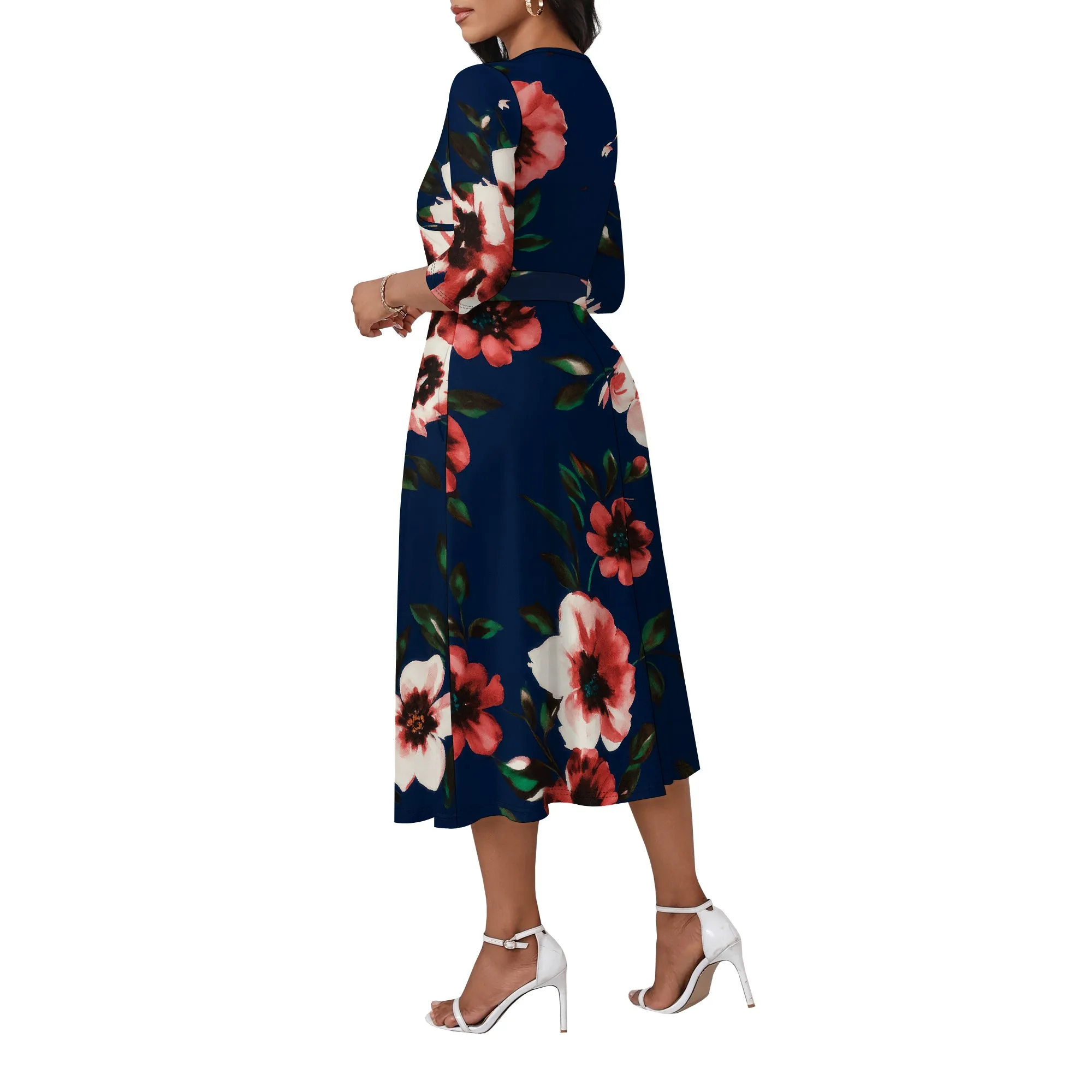 ชุดเดรส Midi สําหรับผู้หญิง 3/4 แขน V คอเอวสูง Casual A-Line Flowy Wrap เข็มขัดอินเทรนด์พร้อมกระเป๋าค็อกเทลปาร์ตี้ชุด