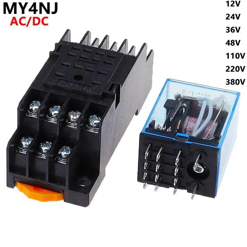 1 Set MY4 Small Electromagnetic Power Relay DC12V DC24V AC110V AC220V Coil 4NO 4NC DIN Rail 14 Pins + Base Mini Relay