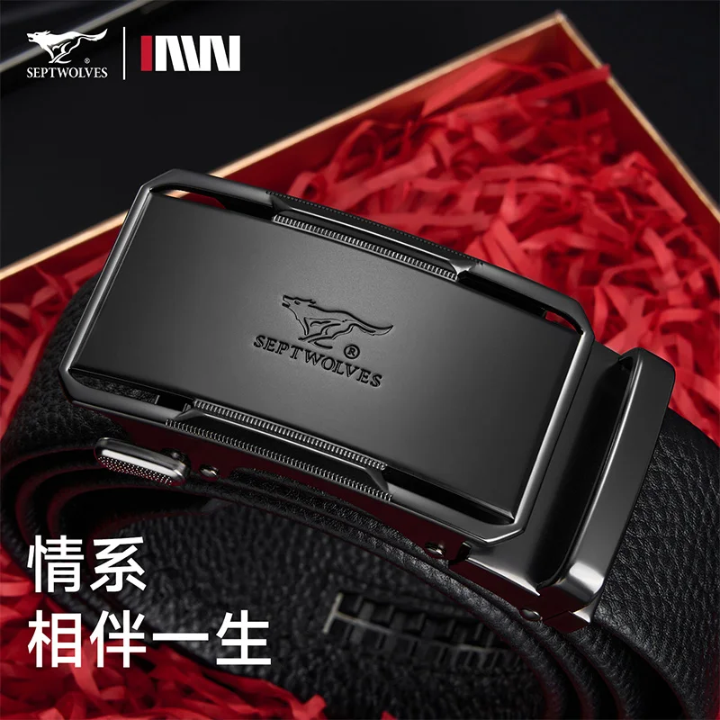 

Septwolves Cow Leather Men Belt Black 3.5cm Width Luxury Brand Belt Business Fashion Automatic Buckle With Gift Box For Lover