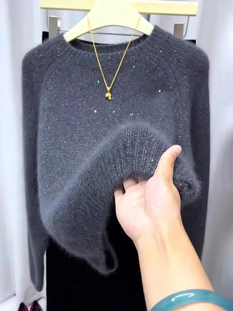 

Ele ey Long Sve Knitted Sweater Women's Loose Fit round Ne Faionable Autumn Winter New Sle Slimming Versatile ...